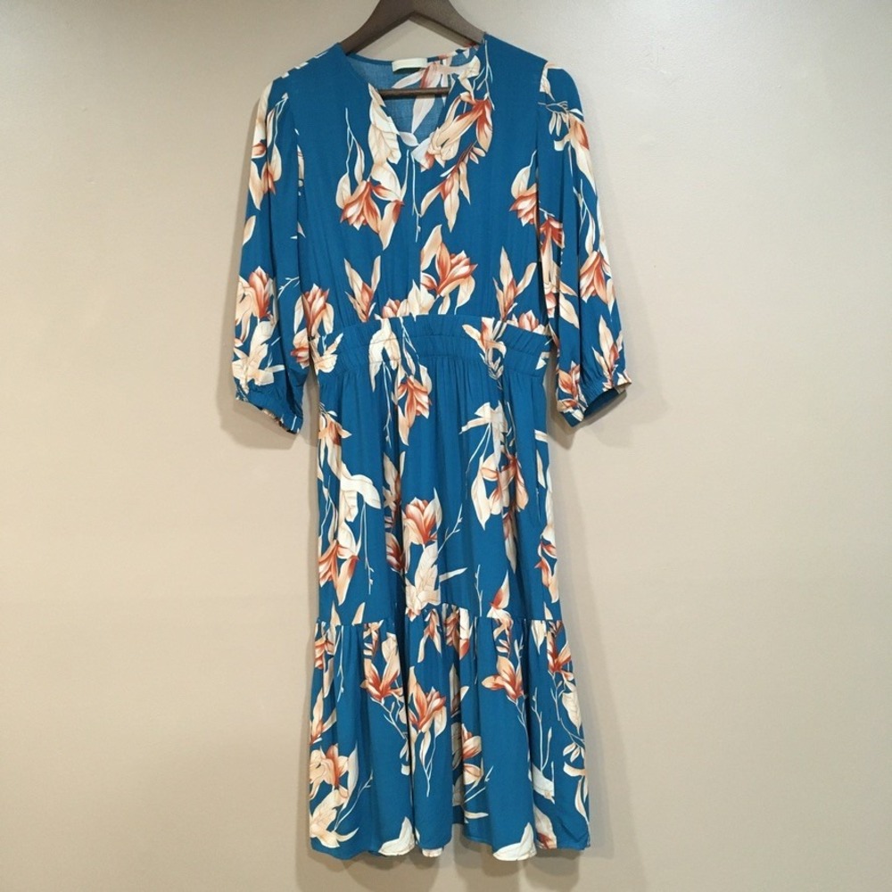 Magnolia Floral Tiered Midi Dress Womens L Blue Boho Tropical Cottagecore Church